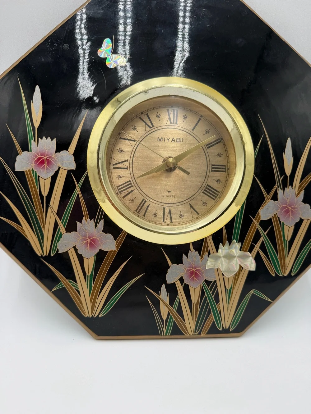 Art Deco Miyabi Quartz Clock Japan Black Lacquer Iris Floral MCM Rare - See Desc